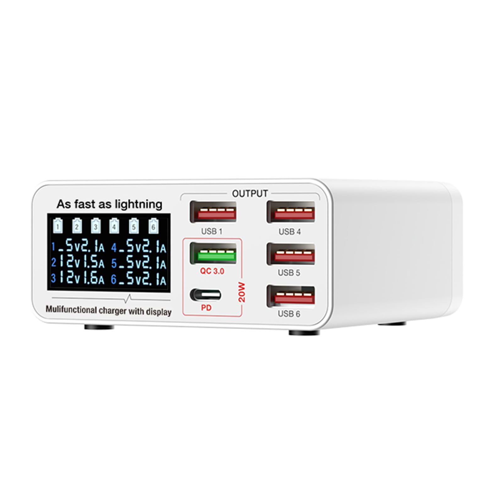 Sxhlseller Stazione di Ricarica USB da 40 W a 6 Porte, Hub di Alimentazione da Tavolo con Display LCD Intelligente |Adattatore Caricabatterie Rapido QC 3.0 PD Tipo C per Tablet e (Spina europea)