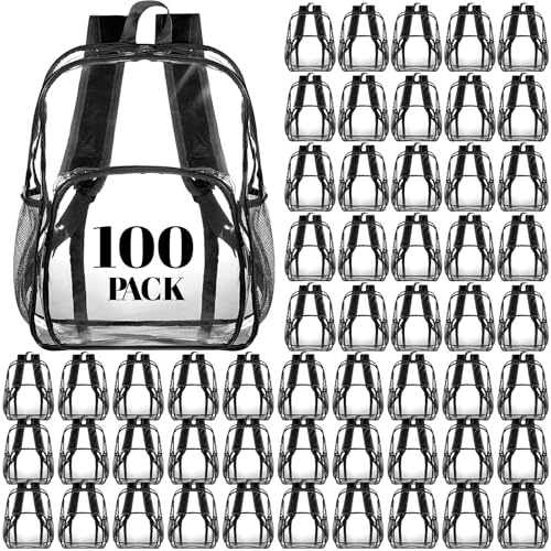 Image of Amylove 100 Pcs Clear Backpack bulk for Stadium Events Heavy Duty PVC Transparent Bookbag for College Workplace Security (15 Inches,Black)