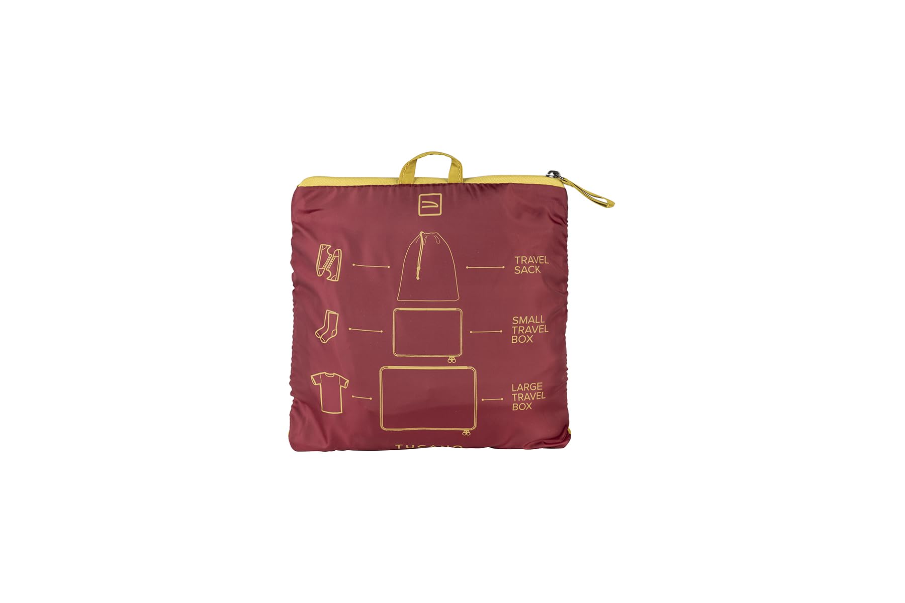 Tucano, Piego Set Organizer Valigia Salvaspazio, Set 3 Packing Cubes con Sacca Scarpe, Organizer Viaggio in Tessuto Riciclato con Doppio Scomparto, 36x26x8 cm, Bordeaux