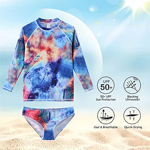Image of Aisyee Girls Long Sleeve Rash Guard Set Two Piece Swimsuits Tie Dye Bathing Suits for Kids UPF 50+ Swim Shirts