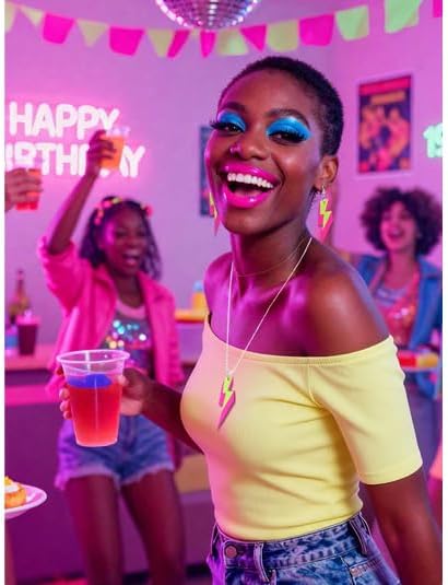 80s Neon Lightning Bolt Dangle Earrings with Pendant Necklace, Hot Pink and Lime Green Acrylic Jewelry Set, Retro Party Costume Accessories for Women - Image 3