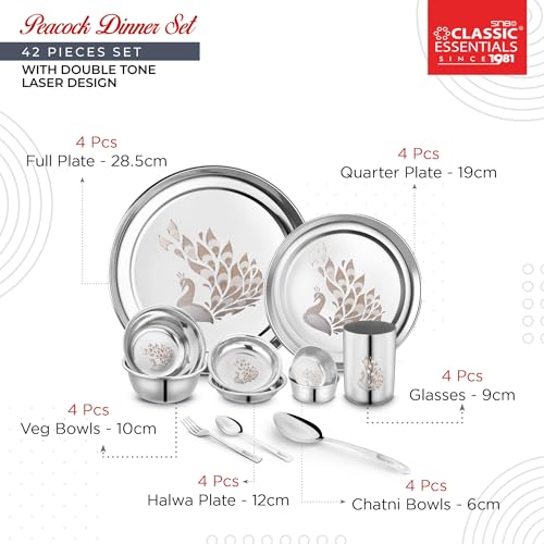 Image of Classic Essentials Stainless Steel 42-Piece Dinner Set for Home | Heavy Gauge Kitchen Tableware | Peacock Laser Design | Shagun /Bartan Set | Plates, Bowls & Cutlery
