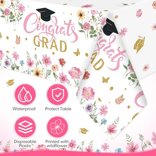 Image of Ganeen 3 Pcs Graduation Tablecloth Floral Class of 2026 Congrats Grad Table Cloths Pink Disposable Plastic Rectangle Table Cover for 2026 Graduation Decorations Grad Party Supplies, 54 x 108 Inch