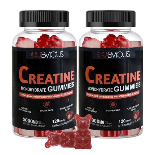 Creatine Monohydrate Gummies 240 for Men & Women- 5g, Sugar-Free Pre-Workout Gummy W/L-Taurine, Betaine Anhydrous, Alpha GPC, Vitamin B12, Chewable Gummies for Muscle Strength & Energy Boost (2 Pack)