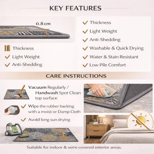 Image of Matz & More Nylon Tufted Gel Baking Anti-Slip Floor Mat | 40 x 60 cm | Grey & Orange Floral Design | Doormat for Home Entrance, Kitchen & Bedroom