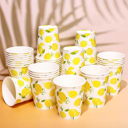 FYSUIMU 50 Pcs Lemon Paper Cups Yellow Lemon Fruit Disposable Cups Summer Drinkware for Hot Cold Drinks Lemonade Stand Birthday Bridal Shower Picnic Supplies, 9 Oz