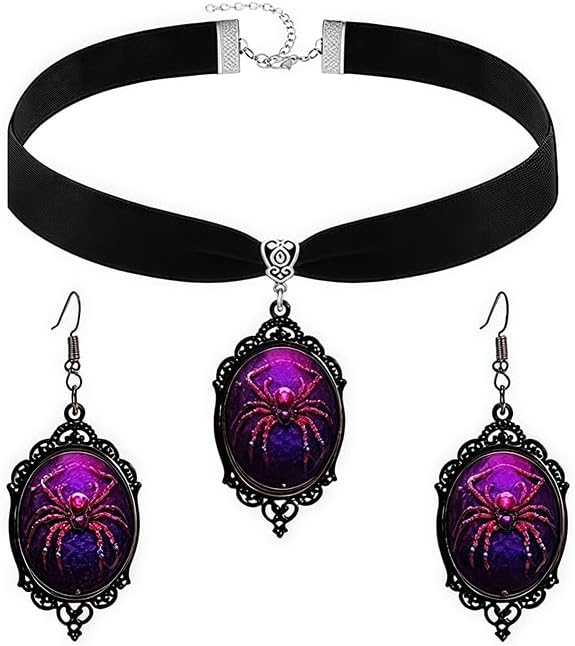 Gothic Spider Necklace Earring Set for Women Vintage Black Velvet Choker Necklace Goth Victorian Spider Cameo Pendant Necklace Dark Style Crystal Insect Drop Dangle Earring Mystic Halloween Party Jewelry