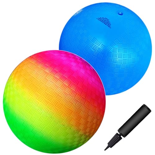 AppleRound 18 Inch Playground Balls with 1 Air Pump 2-Pack Blue and Rainbow Jumbo Inflatable Balls Big Bouncy Kickballs for Kids Camps Schools Parks Backyards Indoor and Outdoor Games