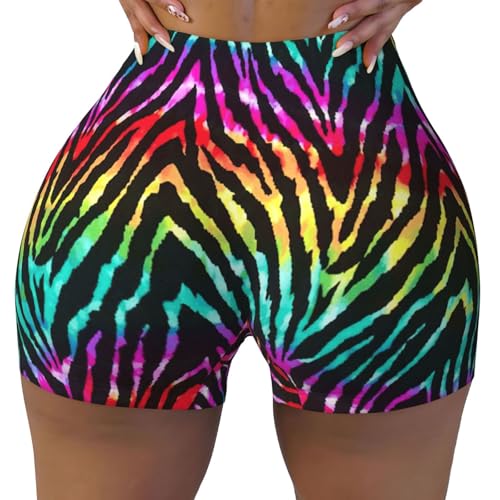 Uusnwaa Short de motard taille haute pour femme - Imprimé zèbre arc-en-ciel coloré - Contrôle du ventre - Entraînement - Yoga - Gym - Course à pied, Noir , M