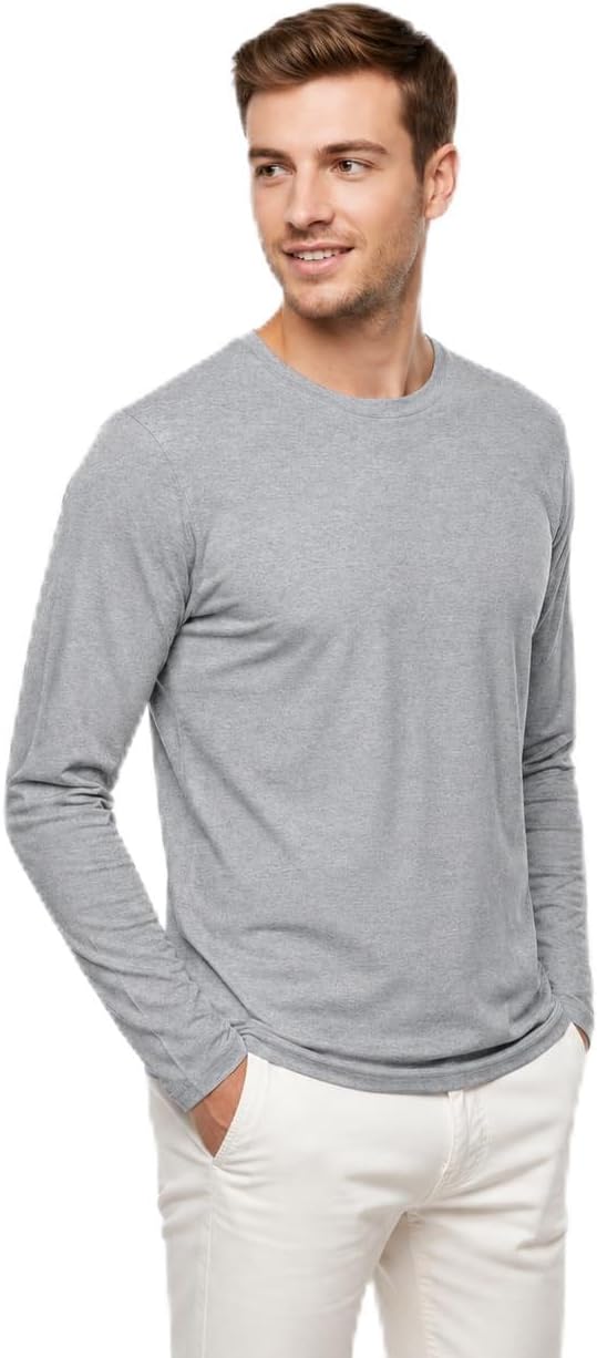 Mens Round Neck Long Sleeve T-Shirts, Breathable 100% Organic Cotton Athletic Tees S-XXL