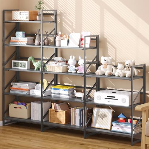 Image of JSB No Assembly Folding Bookshelf, 5 Tier Industrial Metal Book Shelf for Storage, Vintage Wood Foldable Bookcase for Living Room, Bedroom, Office Organization Shelves