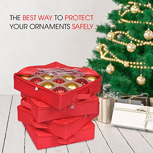 Propik 4 Pcs Christmas Ornament Storage Boxes With Dividers, Transparent Top, Zipper Closure & Handles- 4 Individual Ornament Holder Trays- Keeps 64 Holiday Ornaments- Durable Ornament Organizer Storage Box (Red) #TOP6