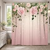 Rosen-Duschvorhang, Blumenmuster, romantisch, Weinblätter, Frühling, Pfirsich, waschbar, mit Haken, dekorativer Badezimmer-Vorhang für Badezimmer, Badewanne, Wohnung, Dekoration, 137 x 198 cm