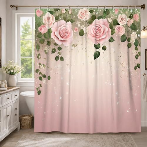 Rosen-Duschvorhang, Blumenmuster, romantisch, Weinblätter, Frühling, Pfirsich, waschbar, mit Haken, dekorativer Badezimmer-Vorhang für Badezimmer, Badewanne, Wohnung, Dekoration, 137 x 198 cm