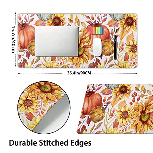 Image of Fall Pumpkin Sunflowers Mouse Pad XXL Watercolor Retro Autumn Leaves Floral Extended Desk Mat Non-Slip Rubber Base Stitched Edge Large Thanksgiving Mousepad for Gaming Laptop Computer 35.4x15.7 Inch