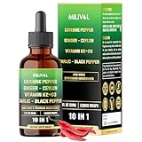 MILIVOL 10in1 Cayenne Pepper Liquid Drops + Ginger, Ceylon Cinnamon, Vitamin D3, Vitamin K2, Garlic, Black Pepper and More - Digestion Support - 2 Fl Oz - 2 Months Supply