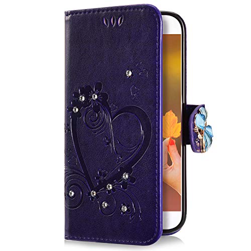 Uposao Compatible with Huawei P9 Case Bling Glitter Diamond Rhinestone Sparkle Flower Love Heart Pattern Leather Wallet Flip Case with Kickstand Card Holder Cover,Purple