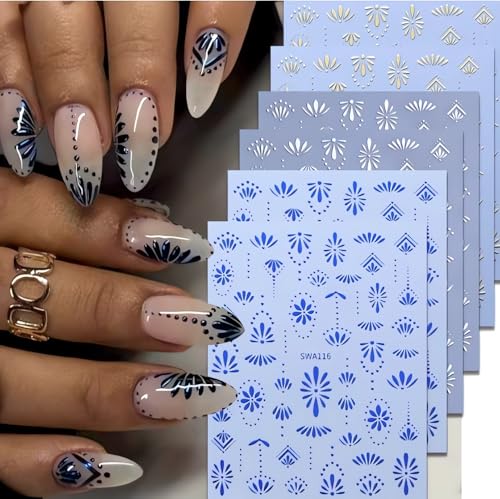 6 Sheets Flower Nail Stickers Decals Gold Nail Art Stickers