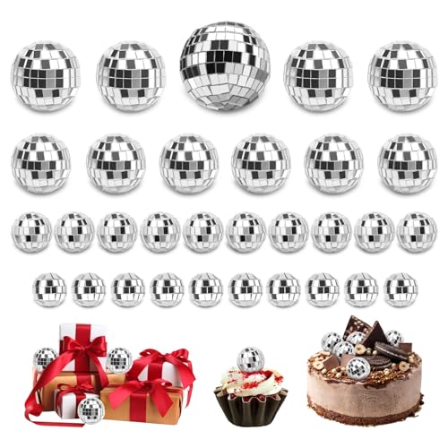 Yitexin 31 Pièces 5 Tailles Boule Disco pour Gâteau, Boule à Facette Déco Gâteau Disco, Boule Disco Miroir Argentée Décoration de Centre de Table pour...