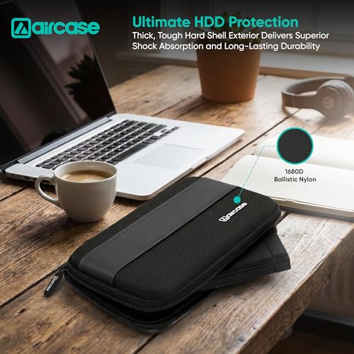 Image of AirCase Rugged Hard Drive Case for 2.5-inches Western Digital, Seagate, Toshiba, Portable Storage Shell for Gadget Hard Disk USB Cable Power Bank Mobile Charger Earphone, Water Resistant (Black)