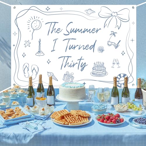 The Summer I Turned 30 Backdrop Banner Blue Bow Beach Shell Happy Birthday Backdrop Cheers to 30 Years Photography Background for Women 30th Birthday Party Suppiles by Festiblast - Used condition - Image 4