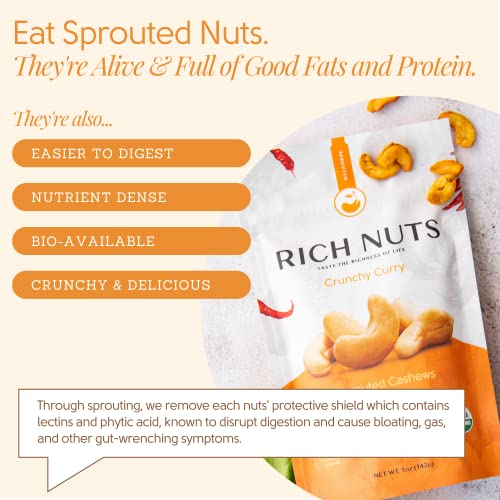 Rich Nuts Crunchy Curry Gourmet Sprouted Cashews | Vegan, Paleo, Keto | Curry Powder, Cayenne Pepper, Turmeric And Sea Salt | Non-Roasted, Dehyrdated, Germinated, Raw And Whole | 5 Oz Bag (2 Pack) #TOP1
