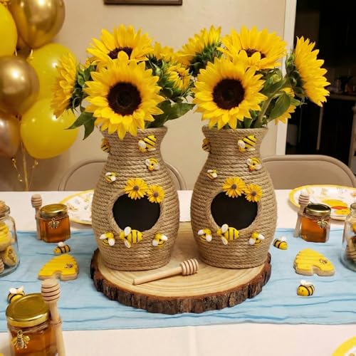 Yungyan 2 Pcs Honeybee Vase Decor Bee Hive Vase Wrap with Jute Rope Bee Flower Vintage Farmhouse Honeycomb Table Centerpieces for Bear Baby Shower Party Spring Summer Rustic Kitchen Home Decoration