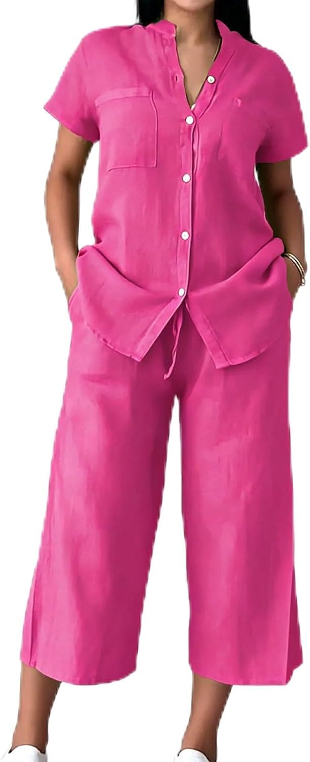Oplxuo 2 Piece Capri Pants Sets for Women Summer Casual V Neck Short Sleeve Button Down Tops Wide Leg Crop Pants Beach Outfit