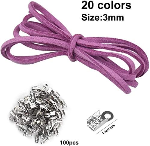 Leather Cord for Jewellery,20 Pack Faux Suede String Threads Beading Cords with 200 PCS Silver Cord Ends for Bracelet Necklace Key Chain Crafts 1mx3mm