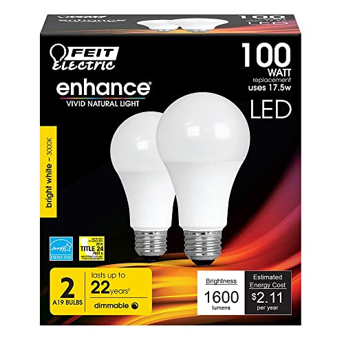 Feit Electric A19 100W Equivalent Led Light Bulbs, Dimmable Led Bulbs, 3000K Bright White, 1600 Lumens, 22 Year Lifetime, Cri90, Ul Listed, 2 Pack, Om100Dm/930Ca/2 #TOP26