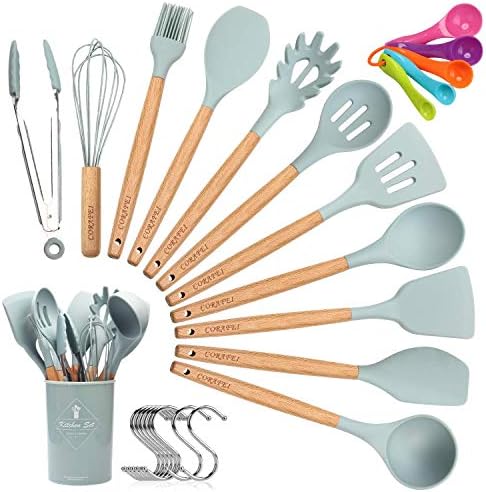 CORAFEI Set di Utensili da Cucina, 12 Pezzi Utensili Cucina con Holder, Resistente al Calore con Manico Legno Duro, Antiaderenti Silicone, Incluso Cucchiaio Silicone Spatola