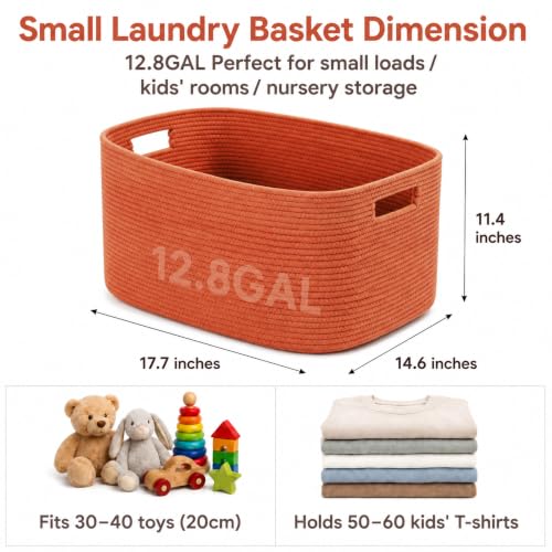 Image of 12.8GAL Kids Stuffed Animal Toy Storage Organizer, Cute Mini Nursery Laundry Basket for Baby Girls Boys Dirty Clothes, Picture Books, Small Cotton Rope Wicker Hamper for Bathroom Towels Terracotta