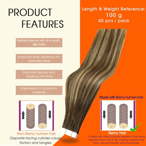Image of Full Shine Tape in Extensions Color 4 /24 /4 Balayage Brown And Blonde Tape in Hair Extensions Human Hair 18Inch Double Sided Adhesive Extension Invisible Skin Weft 100G 40Pcs