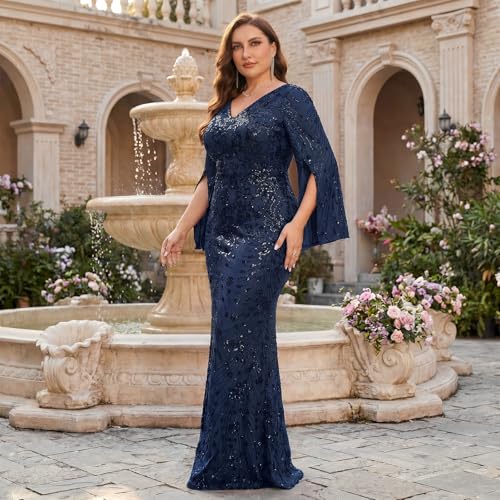 Image of Plus Size Formal Dresses for Women with Embroidery Sequin and Cape Sleeve, V-Neck Maxi Dress for Wedding and Party