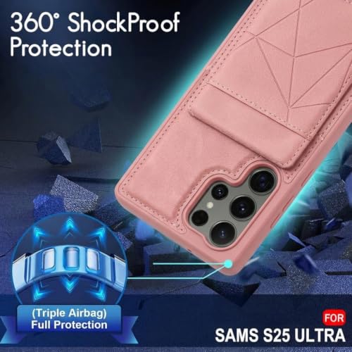 Image of amazon basics Premium Vegan Leather Back Cover with Card Holder and Integrated Mobile Stand for Samsung Galaxy S25 Ultra 5G - Slim Shockproof Wallet Case with Geometric Stitching [Pink]