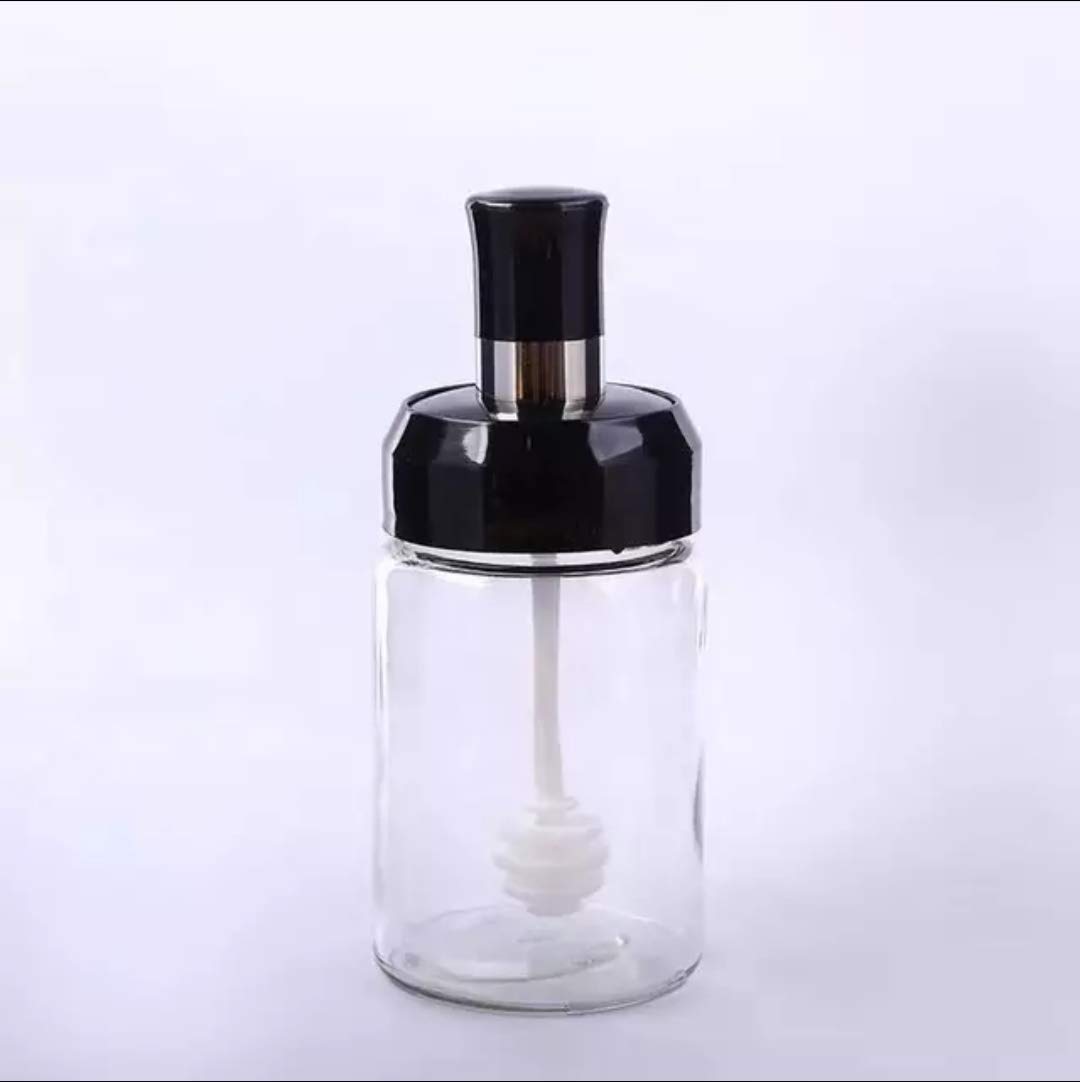 Bhavyam transparent Glass Food Storage Honey Jar with Dipper for kitchen dinning table with plastic Ring - 250ml (pack of 3, Honey storage jar) 3