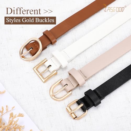 JASGOOD 4 Pack Women Skinny Leather Belt for Dresses with Gold Buckle Ladies Thin Waist Belt for Jeans Pants3