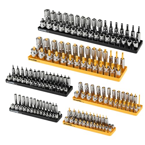 GRENPRO 6PCS Socket Organizer Tray, Yellow & Black Socket Storage Holder for 1/4", 3/8", 1/2" Drive Metric and SAE Sockets