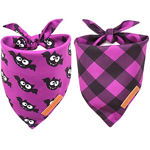 Realeaf Halloween Dog Bandanas 2 Pack, Purple Bat and Plaid Bibs, Triangle Reversible Fall Pet Scarf, Multiple Sizes Offered, Premium Durable Fabric, Adjustable Fit