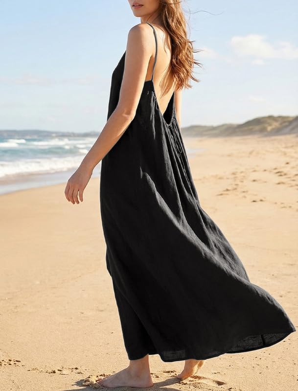 Vestito da Donna con Schiena Scoperta Casual Maxi Vestiti con Spalline Sottili Estivo Elegante Vestito Lungo Senza Maniche Leggeri Boho Chic Vestiti da Spiaggia Abito Oversize per Vacanze