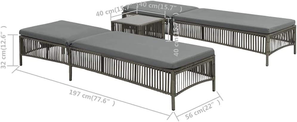 Sunloungers 2 pcs,Lounge Outdoor,Outdoor Lounge Chairs,Lawn Chairs,Adjustable Backrest,Washable Cushion Covers,for Outside,Patio,Yard,Lawn,Sunbathing, with Table Poly Rattan Gray