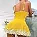 Women V-Neck Lingerie Plunging Lace Babydoll Mesh Chemise Mini Slip Bow Front Lace Trim Nightwear Sexy Night Gown Yellow