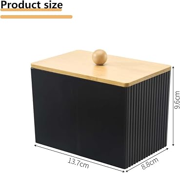 Acrylic Cotton Bud Holder 3 Compartment Dressing Table Accessories with Wood Lid, Qtips Holder bathroom essentials for Bathroom Dressing Table Desktop Square-Shaped (Black)