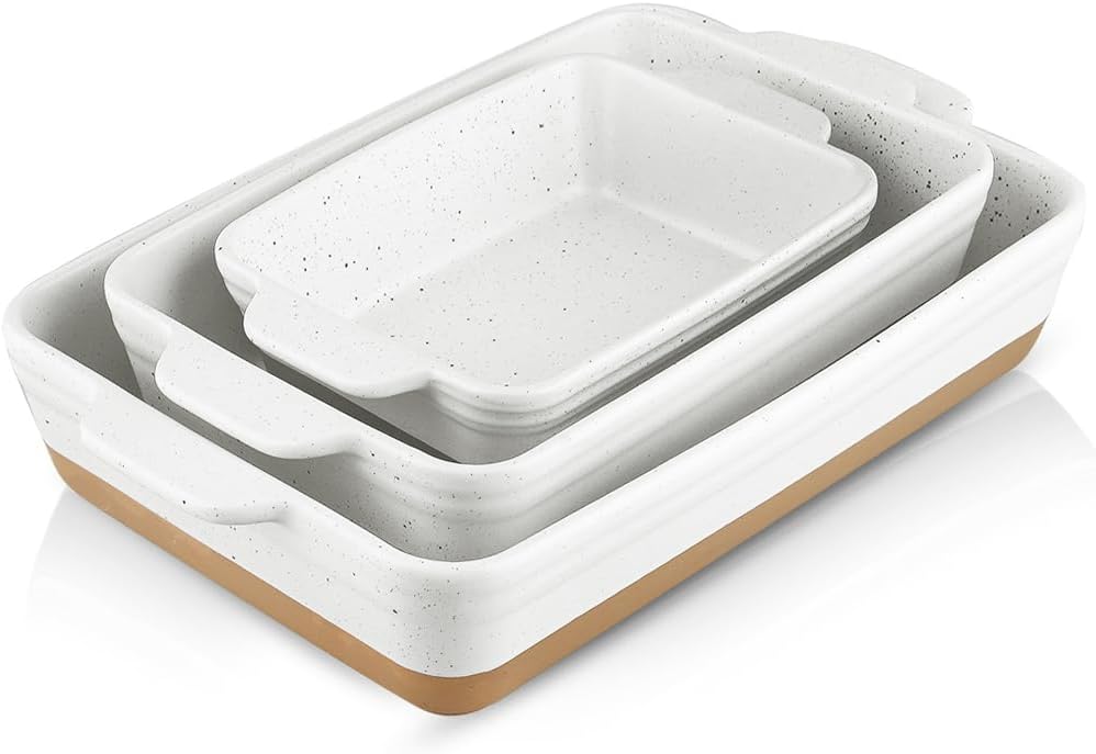Baking Dish Set, 9x13 Baking Dish, Large Casserole Dish Set, Ceramic Lasagne Pan Deep, Baking Dishes for Casseroles 13 x 9, Ceramic Bakeware Set of 3, Farmhouse Style (White)