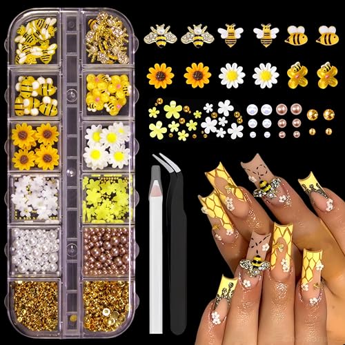 12 Grids Tiny Bee Nail Art Charms Resin Cartoon Daisy Flower Nail Gems 3D Gold Alloy Bees Flat Back Jewelry Charm for Nails Spring Fall Daisy Sunflower Nail Rhinestones for Women DIY Nail Decoration