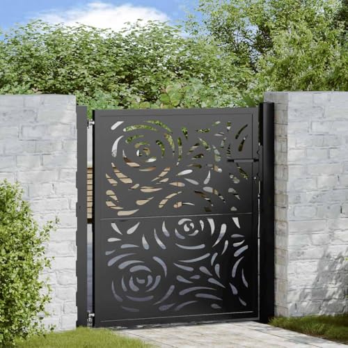 Myheimly Gartentor Stahl, Zauntor, Outdoor Tor, Eisentor, Sicherheitstor, Einfahrtstor, Metall Zauntor, Gartentor Metall,Stahl/Schwarz,Flammen-Design,105 x 106 cm