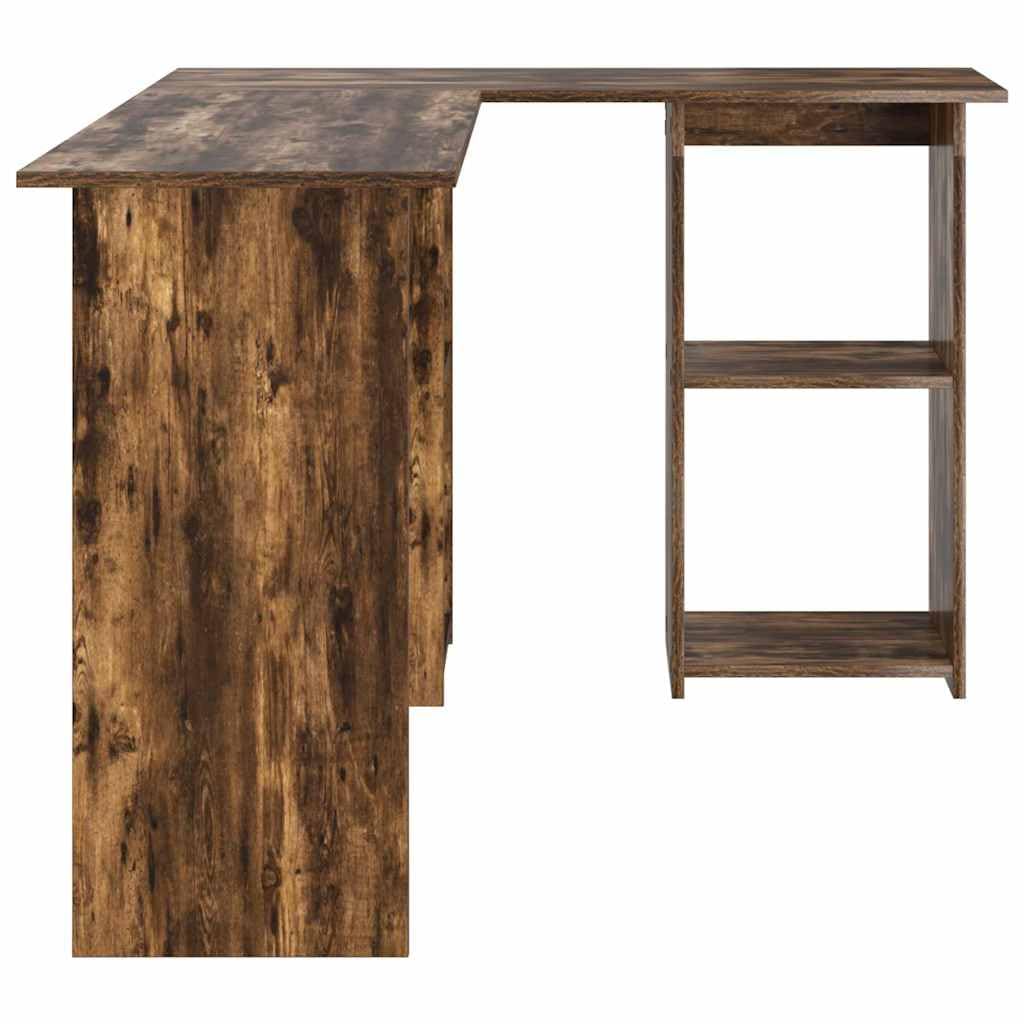 Scrivania in rovere affumicato, 142 x 102 x 73 cm, con ripiano e ripiano, scrivania angolare per computer per casa, ufficio e gaming, grande spazio di archiviazione e comodo spazio di lavoro