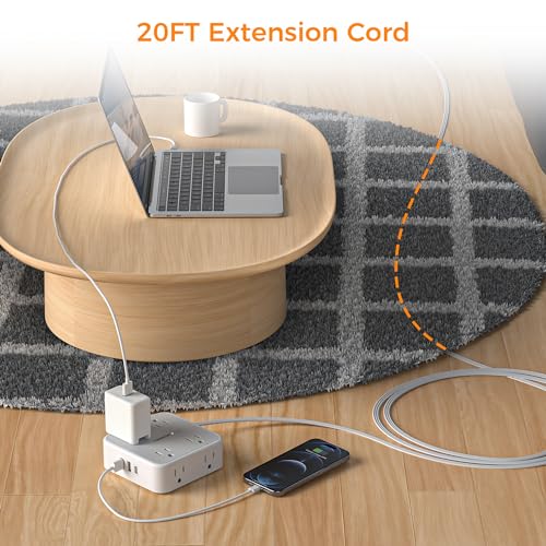 image for Flat Plug 20 FT Long Extension Cord, TESSAN Ultra Thin Power Strip Sur