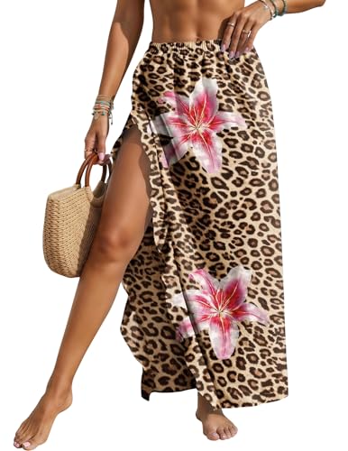 Aprolive Bikini Cover Ups for Women Sheer High Slit Beach Floral Wrap Skirt Swimsuit Coverups Swim Cover Up for Beach Pool(2-Leopard Print Floral,Medium)