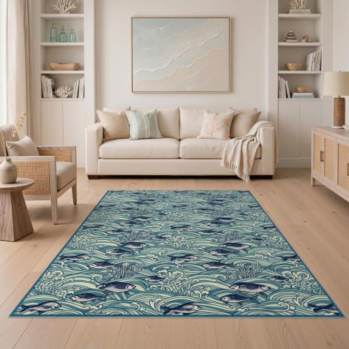 ODIKA 5'x7' Teal Ivory Coastal Fish Wave Pattern Washable Area Rug
